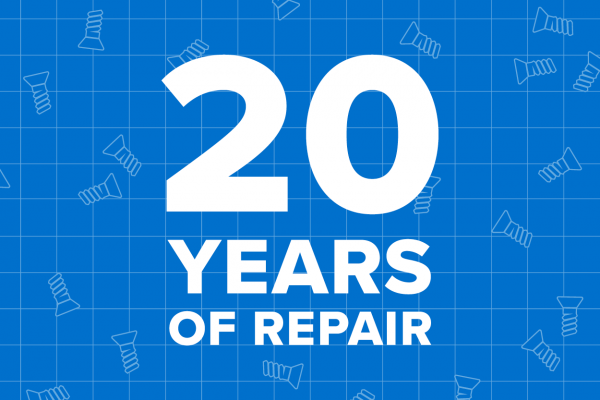 The words "20 Years of Repair" in white over a blue field featuring a grid and screw outlines.